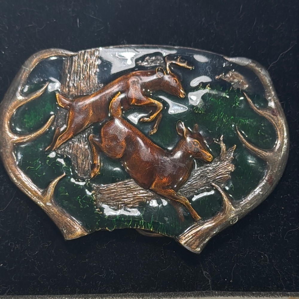 Vintage Bergamont Brass Works  Deer Belt Buckle in Brown and Green Enamel 1977